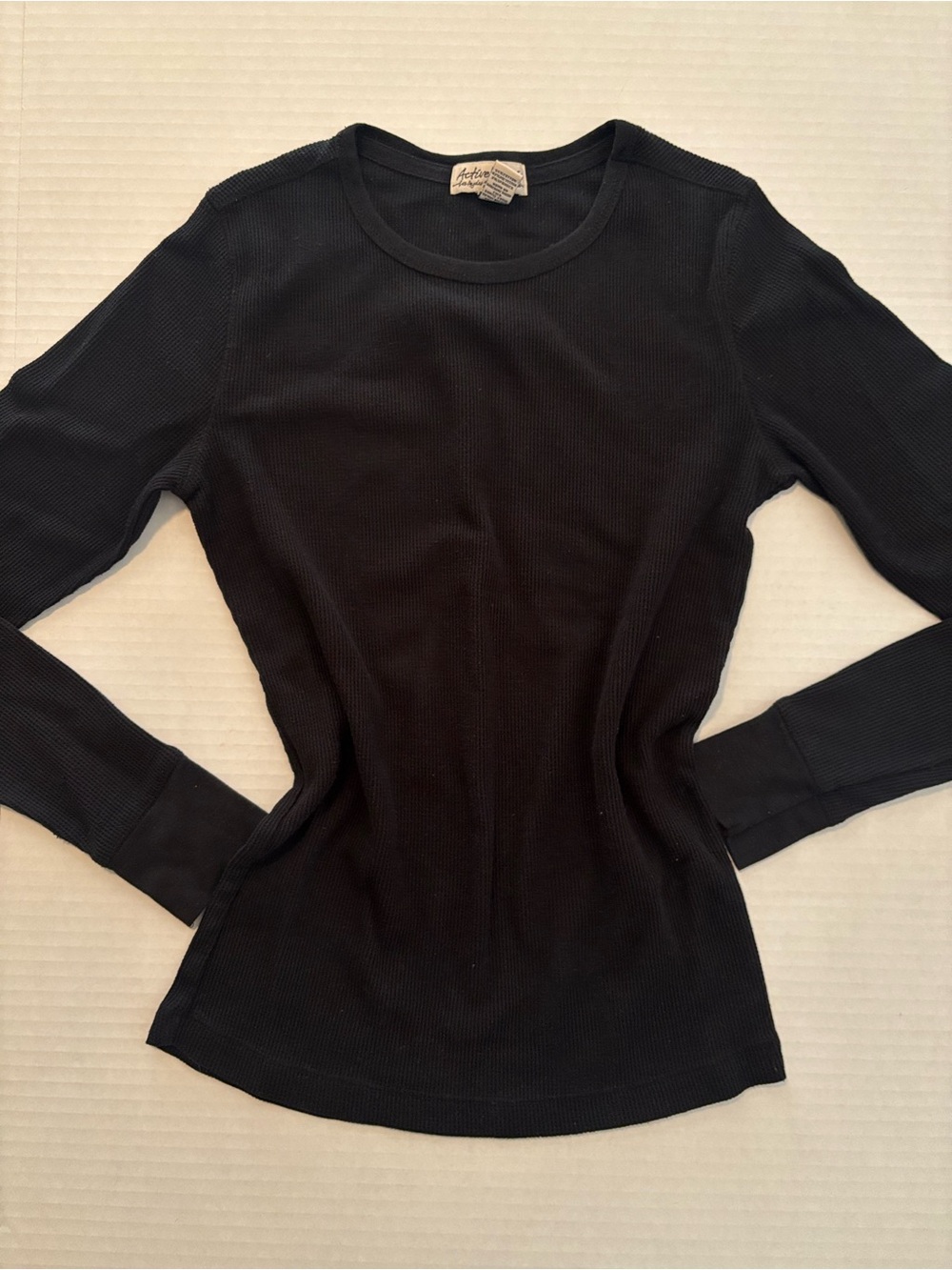 Active Basic Black Waffle knit Long Sleeve Crew Tee